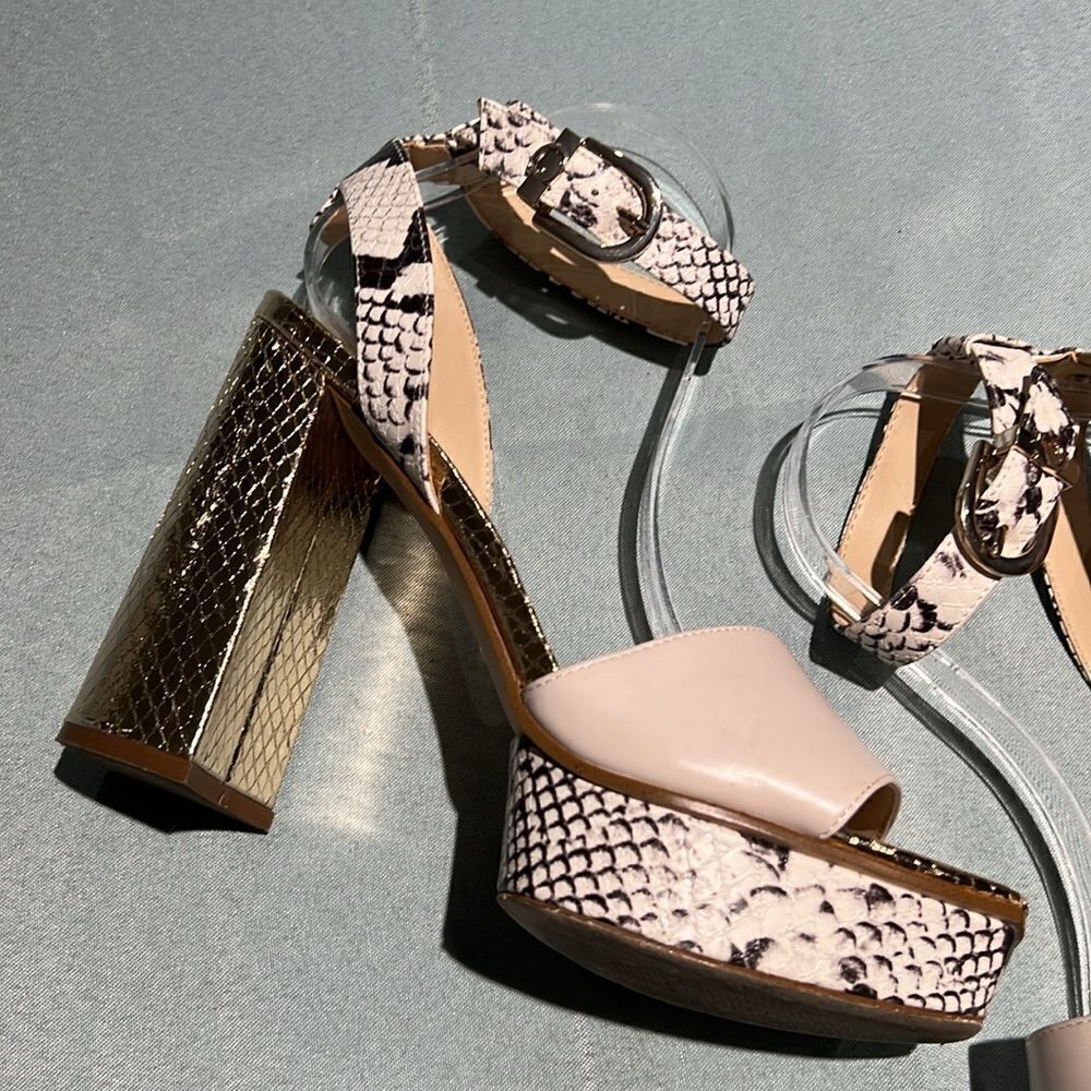 Guess Rippa Python & Gold Platform Strappy Heels … - image 5